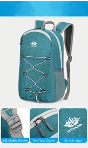 Detail view of foldable outdoor backpack with adjustable buckle and dual zippers