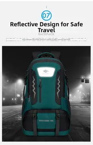 Detail of 60L outdoor backpack showing high-visibility reflective strips for night safety