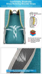 Detail view of breathable 3-layer mesh back panel and padded straps on foldable backpack