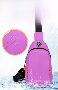 Detail of water repellent purple oxford fabric with droplets and orange pull cord