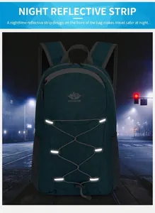 Detail of outdoor backpack with reflective strips and bungee cord for night safety