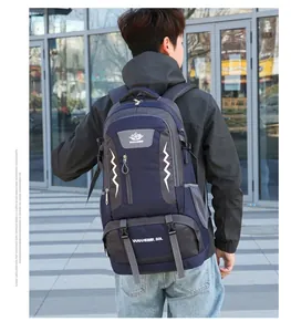 Rear view of 60L outdoor hiking backpack with ergonomic straps and blue-grey design