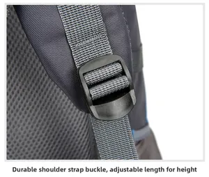 Macro detail of adjustable buckle on breathable mesh shoulder straps for hiking backpack