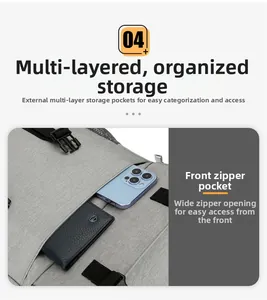 Detail of insulated backpack front pocket storing a smartphone and leather wallet