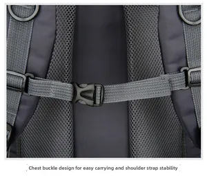 Close-up of breathable mesh back panel and adjustable chest buckle for hiking backpack