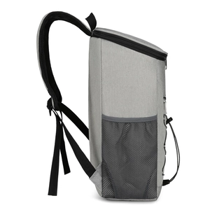 Gray oxford fabric insulated backpack cooler with mesh side pocket and padded straps