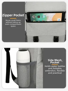 Detail view showing zippered top pocket and side mesh pocket of grey picnic backpack