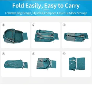 Six-step guide showing how to fold the large capacity backpack into a portable pouch