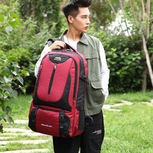Outdoor 55L large capacity hiking backpack in red and black with multi-compartments