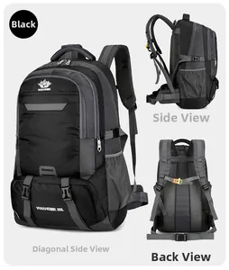 Detaillierte Mehrfachansichten eines schwarzen 80L Wanderrucksacks mit Profi-Tragesystem