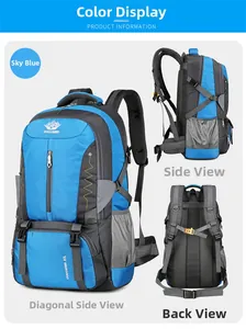 Multiple views showing 60L sky blue outdoor hiking backpack with side and back strap details