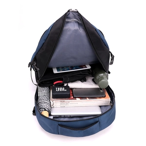 Large capacity navy blue travel backpack with organized compartments for laptop and gear