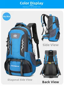 Three views of a sky blue 80L large capacity outdoor hiking backpack with ergonomic straps