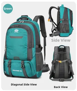 Detailansicht des wasserdichten 60L Wanderrucksacks in Grün mit funktionellen Fächern