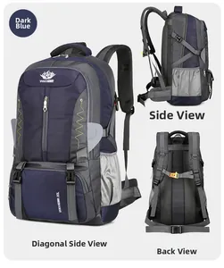 Detailed views of 60L large capacity hiking backpack with ergonomic straps and pockets