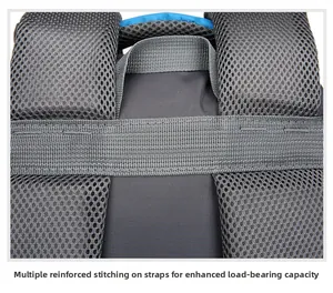 Detail of reinforced bar-tack stitching on breathable mesh backpack shoulder straps