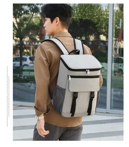 Outdoor light grey insulated cooler backpack with side mesh pocket and adjustable straps