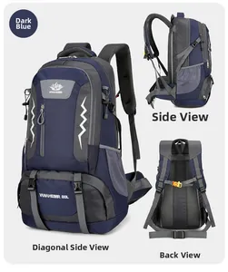Three-angle view of 60L hiking backpack showing dark blue durable fabric and breathable back
