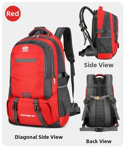 Verschie-dene Ansichten vom 60L Wanderrucksack in Rot mit atmungsaktivem Rückensystem