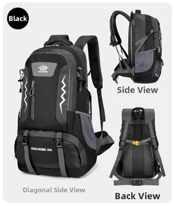 Detailed views of a 60L black outdoor hiking backpack with ergonomic back support system