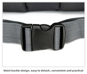 Detail of the waist buckle on the outdoor hiking backpack with durable nylon webbing straps