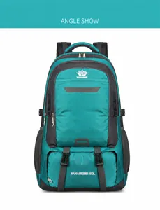 60L waterdichte wandelrugzak in groenblauw en grijs voor outdoor reizen vooraanzicht