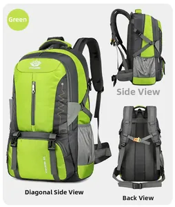 Detailed views of the 60L green hiking backpack showing front side and back ergonomic design