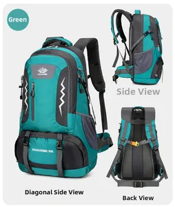 Detailed multi-angle views of a 60L green outdoor hiking backpack with ergonomic support