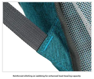 Detail der verstärkten Nähte am türkisfarbenen Rucksack mit atmungsaktivem Mesh-Netz
