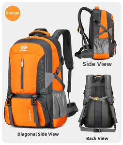 Multi-angle views of an orange 80L outdoor hiking backpack with breathable back padding