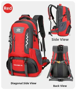 60L large hiking backpack in red and gray featuring padded waist support and multiple views