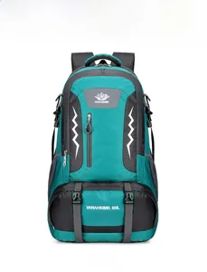 Front view of 60L outdoor hiking backpack in blue and grey with storage pockets