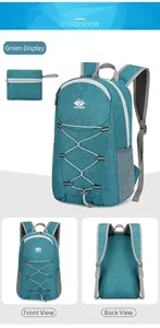 Detail of teal foldable backpack with mesh straps and compact storage pouch