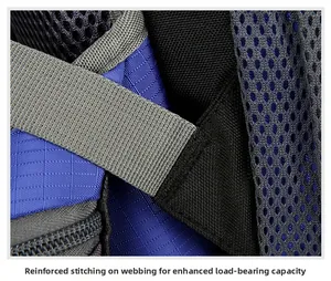 Detail of reinforced stitching and high-density grey webbing on a durable outdoor backpack