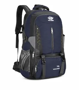 Side view of 80L navy blue hiking backpack with reinforced nylon and mesh pockets