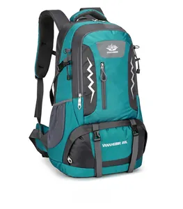 Detail of 60L outdoor hiking backpack in blue and grey with ergonomic breathable mesh back