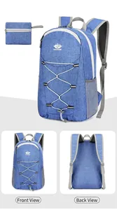 Front and back views of light blue foldable outdoor backpack with breathable mesh straps