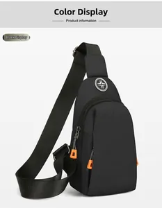 Detail view of water-resistant black sling bag with orange zipper pull and silver logo