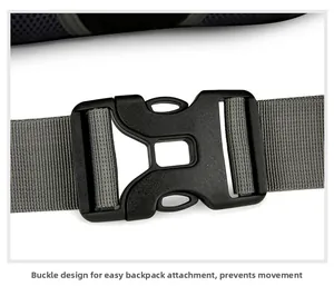 Detail of outdoor backpack waist buckle and adjustable webbing for anti-sway stability