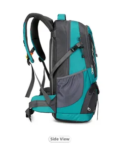 Side view of outdoor hiking backpack with ergonomic straps and compression buckles