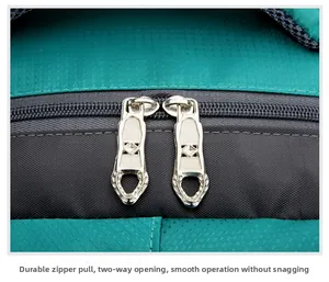 Nahaufnahme der robusten Metall-Zwei-Wege-Reißverschlüsse am grünen Wanderrucksack