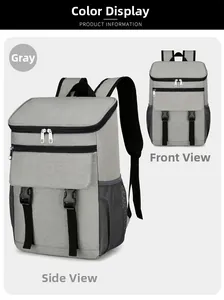 Dual view of gray insulated picnic backpack featuring side mesh pockets and front buckle closure