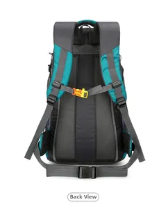 Rear view of outdoor backpack with breathable mesh padding and orange adjustment buckles