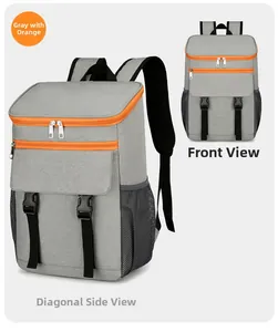 Detail view of the gray and orange insulated backpack with mesh side pockets and buckles