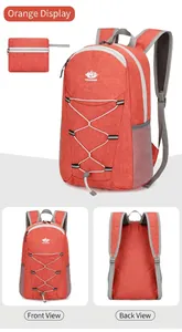 Macro detail of orange foldable backpack with VANAHEIMR logo and elastic bungee system