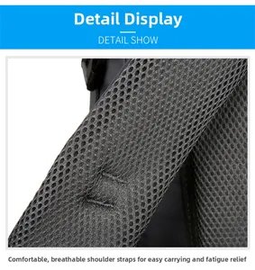 Detail show of wide breathable mesh shoulder straps on the ergonomic hiking backpack
