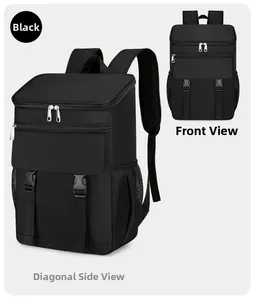 Detail view of the black insulated picnic backpack with side mesh pocket and buckle closure