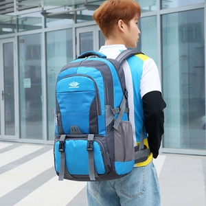 Outdoor hiking backpack with large capacity in blue and grey for mountain climbing