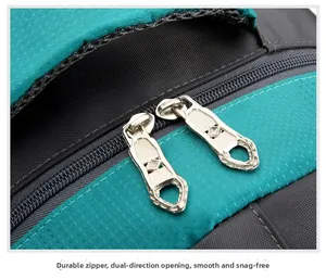 Close-up of durable two-way metal zippers on hiking backpack with tear-resistant fabric