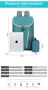 Foldable water-resistant travel backpack size comparison with iPad and dimensions
